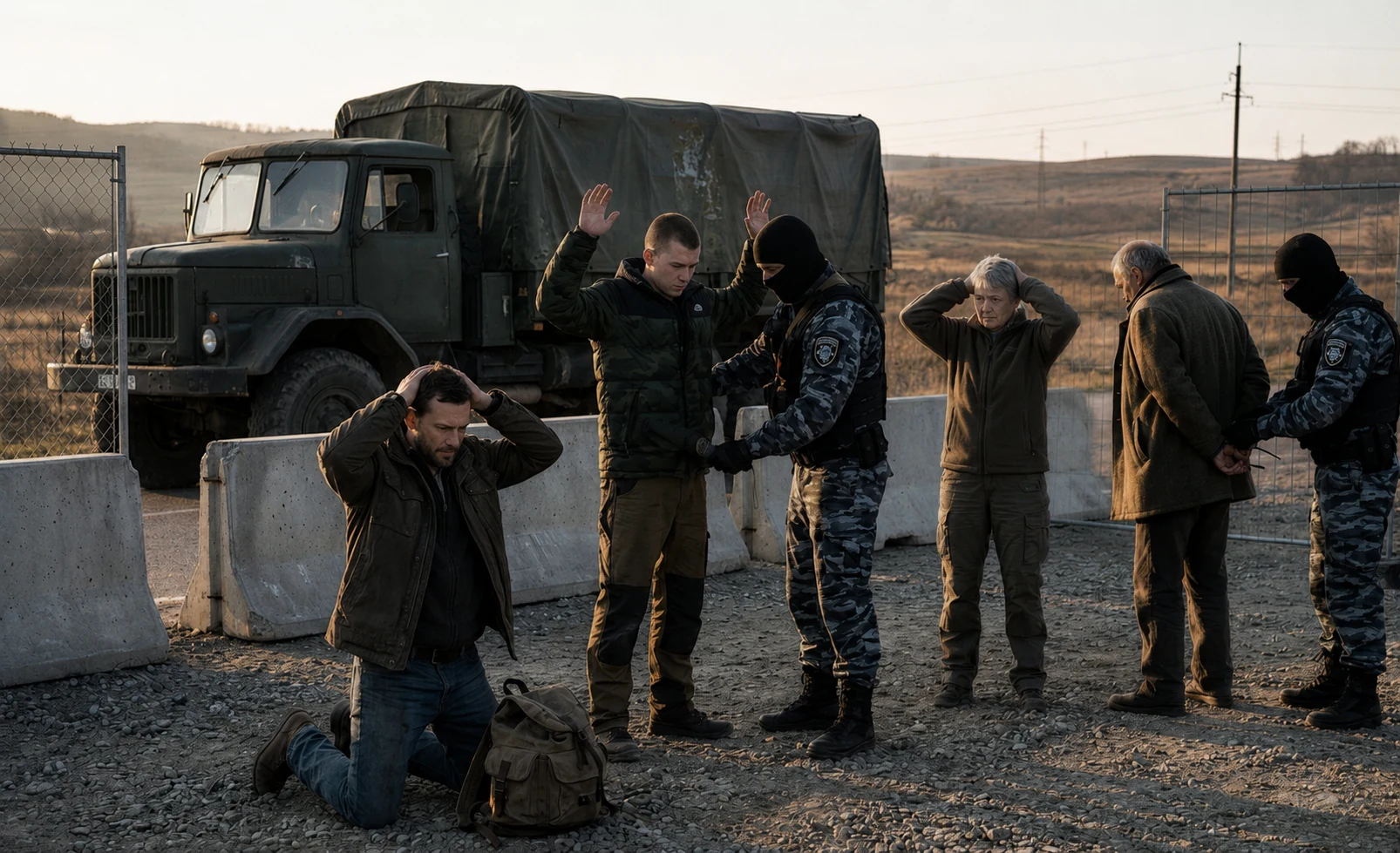 Civilians forced to surrender at a checkpoint — the coercion scenario Deniable OS is built for